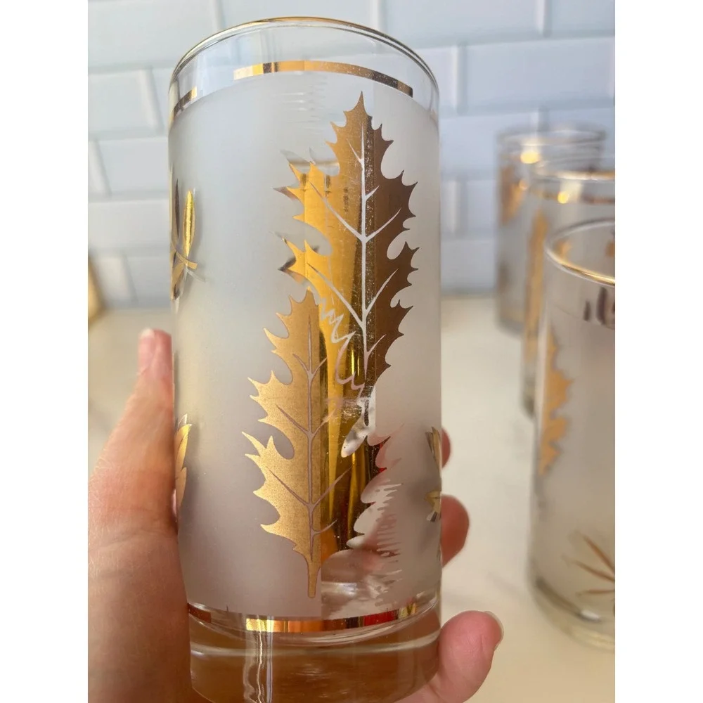 Vtg Libbey Frosted Gold Leaf Highball Glasses Set of 5 MCM Fall Barware 5.5in
